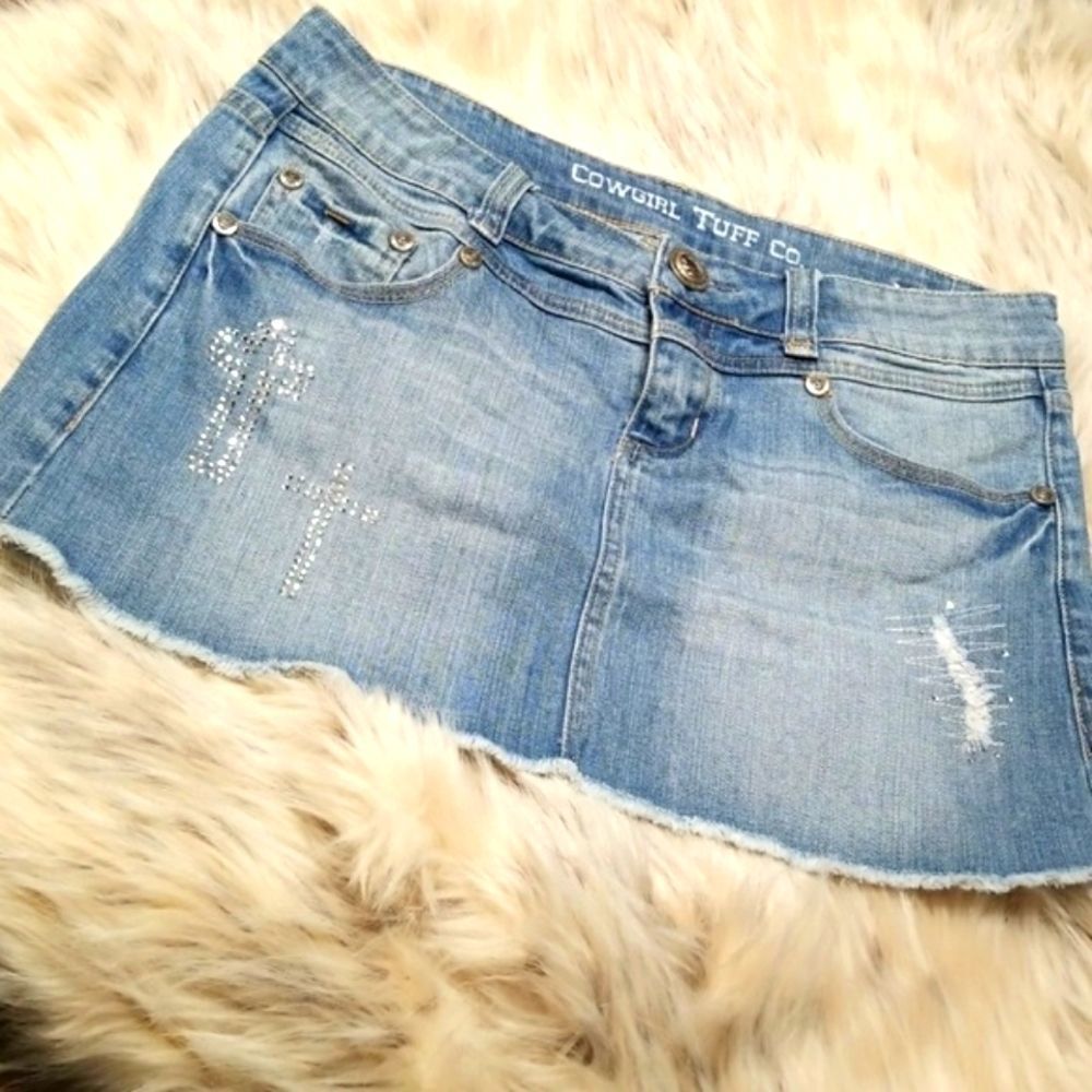 COWGIRL TUFF BEJEWELED CROSSES DENIM MINI SKIRT